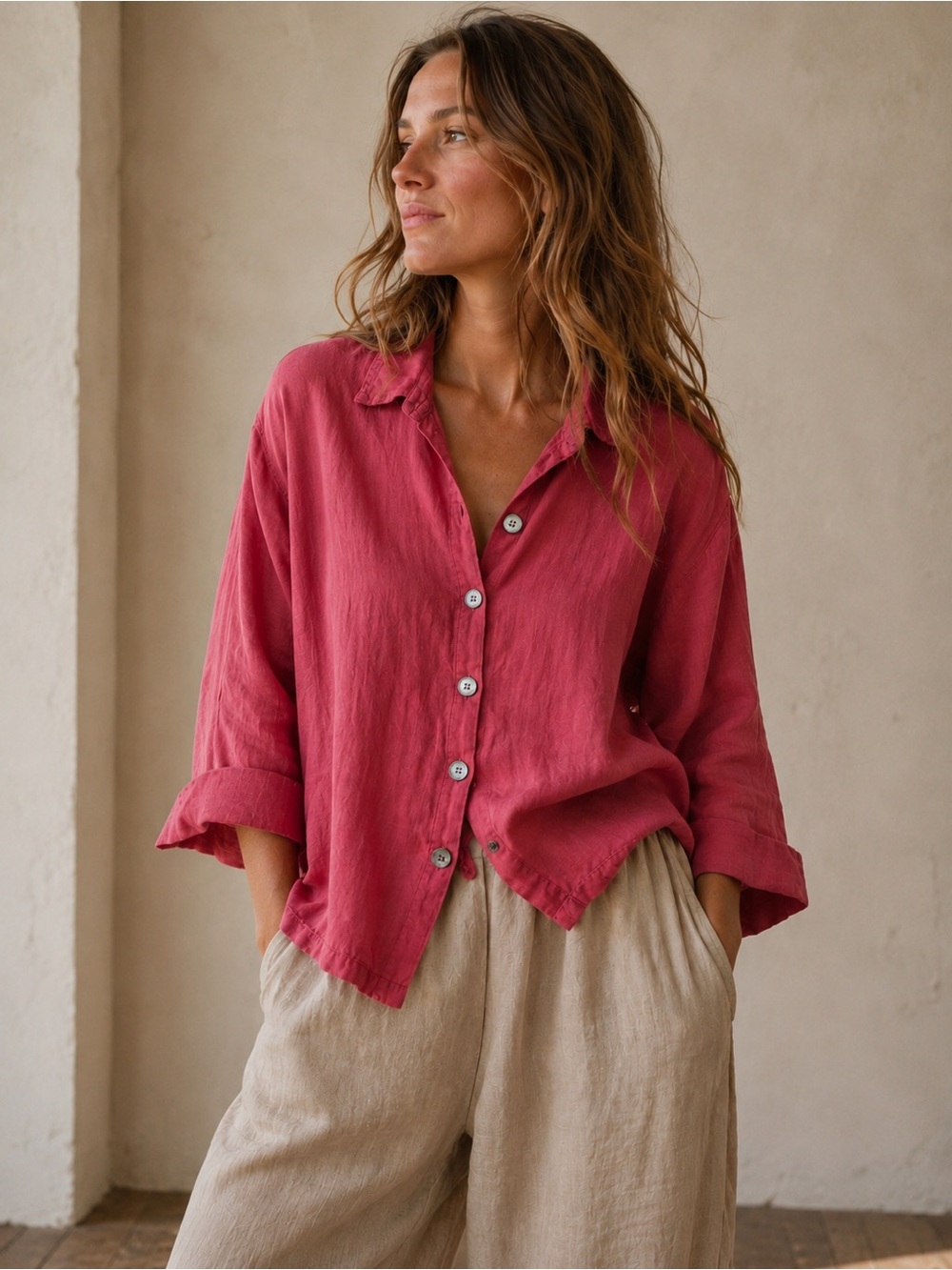 CP Shades 100% Linen Washed Berry Rose Button-Front Linen Shirt MD Lagenlook
